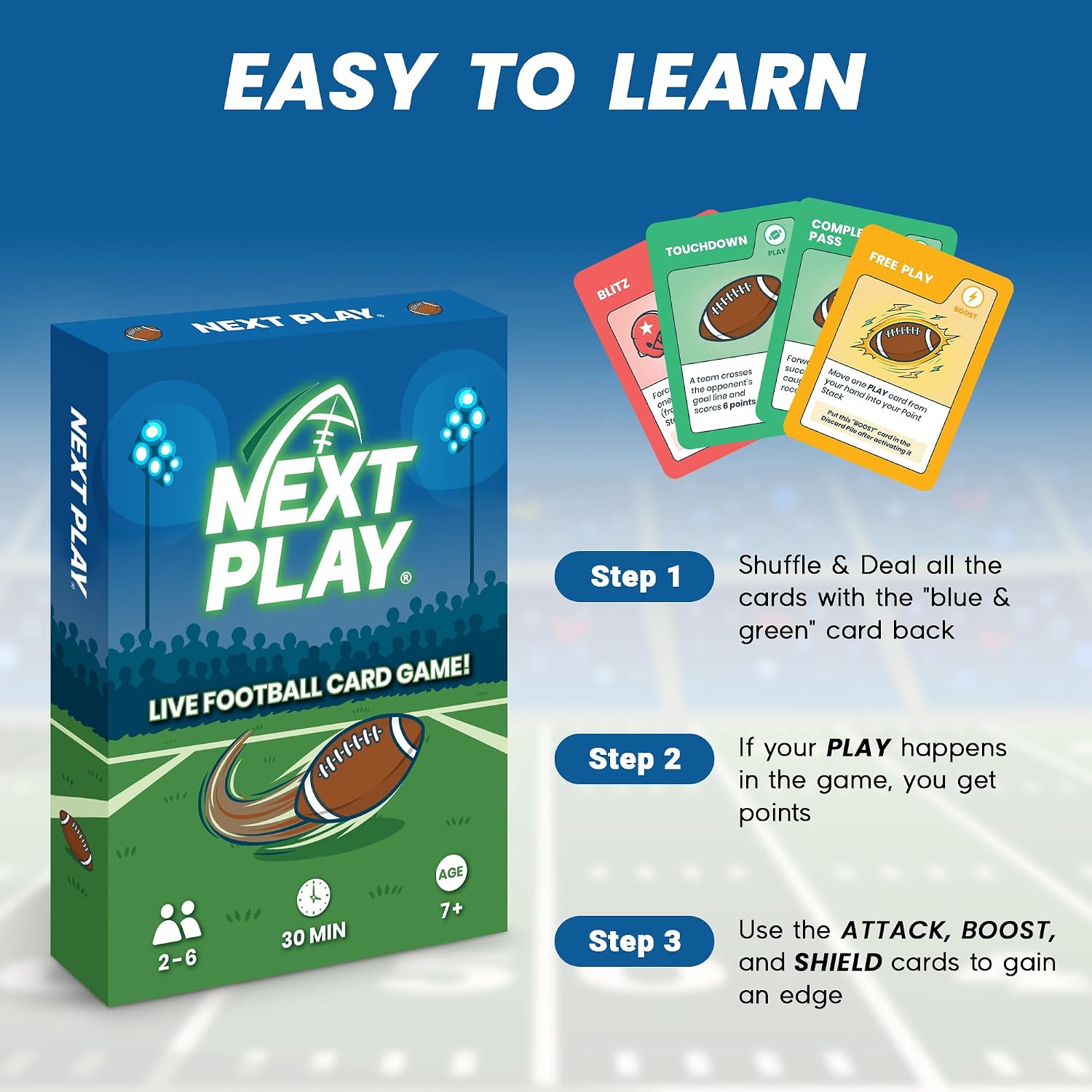 Next Play box and cards with simple step-by-step rules for teaching the game