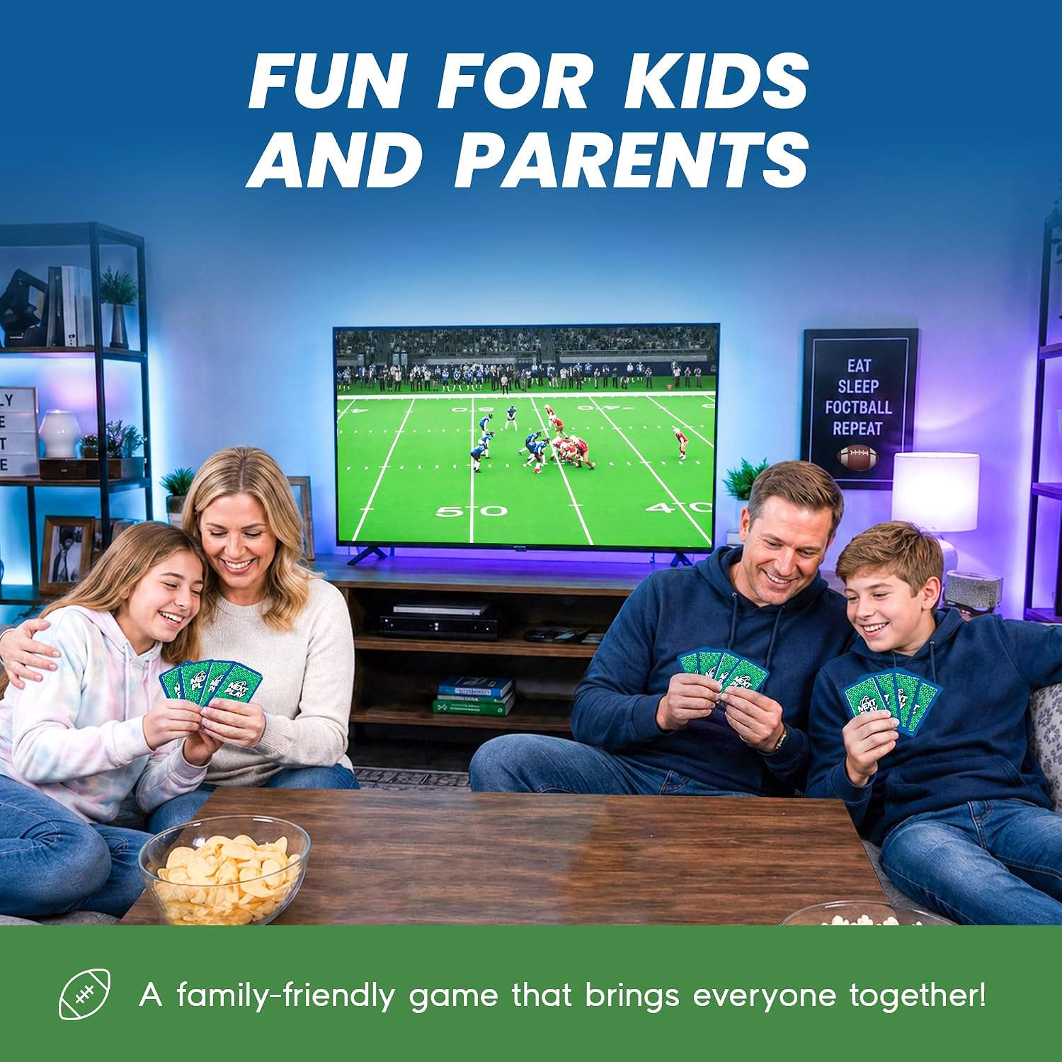 Parents and kids playing the Next Play football card game