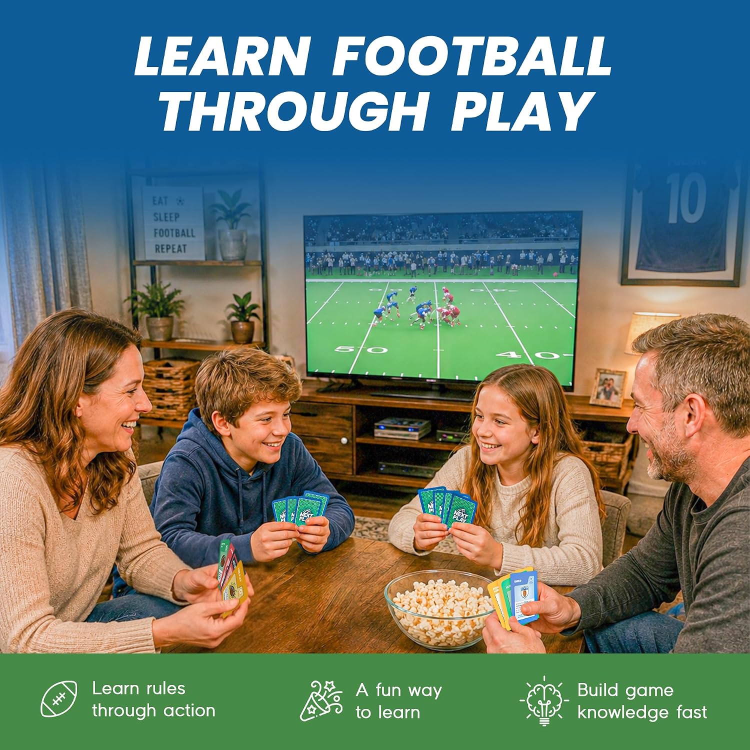 Family learning football rules while playing Next Play