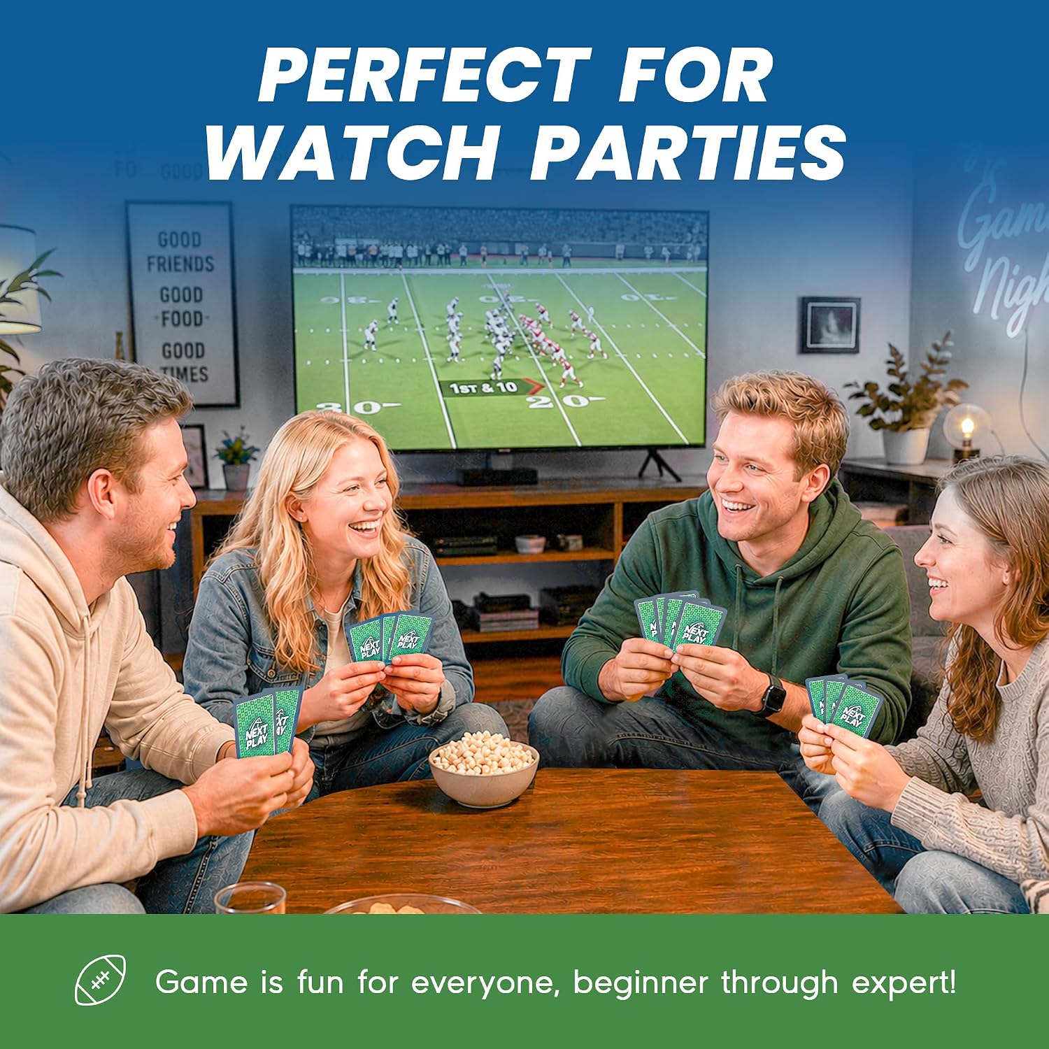 Friends using Next Play as a game to play while watching football