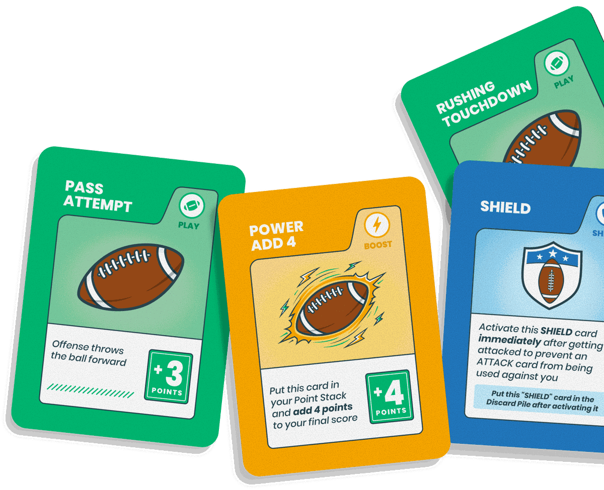 Pass Attempt, Power Add 4, Shield, and Rushing Touchdown cards