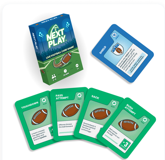 Next Play box, Shield card, and Touchdown, Pass Attempt, Sack, and Rush Attempt cards