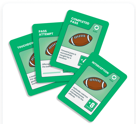 Touchdown, Pass Attempt, Completed Pass, and Interception cards