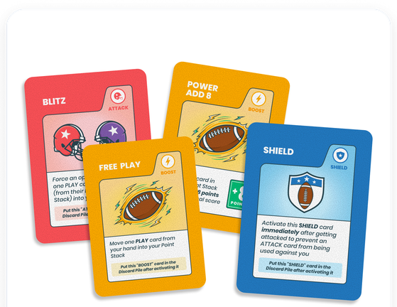 Blitz, Power Add 8, Free Play, and Shield cards